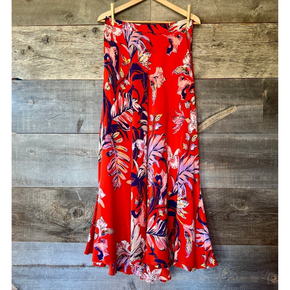 Anthropologie HD in Paris Paso Robles Silk Skirt 6 Red Orange Maxi Tropical